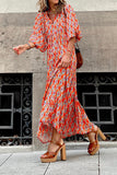 Orange tryckt Boho puffärm lös lång klänning