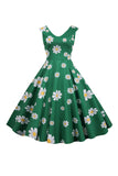 Ärmlös Blomma Tryckt Gul 1950 Tals Klänning