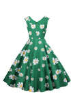 Ärmlös Blomma Tryckt Gul 1950 Tals Klänning