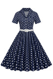 Blå Hepburn Stil V-Hals Prickiga 1950-tals Klänning