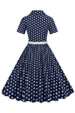 Blå Hepburn Stil V-Hals Prickiga 1950-tals Klänning