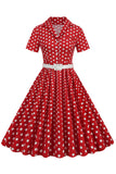 Blå Hepburn Stil V-Hals Prickiga 1950-tals Klänning