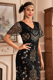 Svart Champange V Neck Fringe 1920-tal Gatsby klänning med paljetter