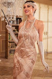 Champagne Glitter Halter Fransar 1920-tal Klänning med ärmlös