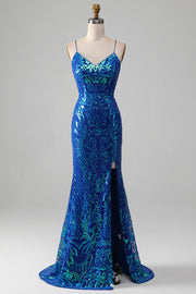 Royal Blue Mermaid glittrande balklänning med slits