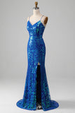 Royal Blue Mermaid glittrande balklänning med slits