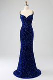Elegant Royal Blue Mermaid Spaghetti Straps Sammet Paljett Lång Balklänning