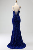 Elegant Royal Blue Mermaid Spaghetti Straps Sammet Paljett Lång Balklänning