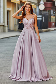 Glittrande A-linje Spaghetti Straps Blush Prom Klänning med Beading