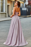 Glittrande A-linje Spaghetti Straps Blush Prom Klänning med Beading