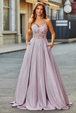 Glittrande A-linje Spaghetti Straps Blush Prom Klänning med Beading