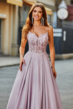 Glittrande A-linje Spaghetti Straps Blush Prom Klänning med Beading