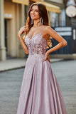 Glittrande A-linje Spaghetti Straps Blush Prom Klänning med Beading