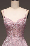 Glitter Spaghetti Straps Blush A-linje Korsett Balklänning med Beading