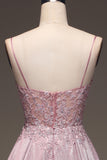 Glitter Spaghetti Straps Blush A-linje Korsett Balklänning med Beading