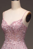 Glitter Spaghetti Straps Blush A-linje Korsett Balklänning med Beading