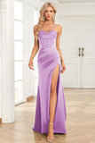 Mörkgrön sjöjungfru Spaghetti Straps Satin Prom Klänning med Split Front