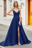 Royal Blue A Line Spaghetti Straps Lång Backless Balklänning med applikationer
