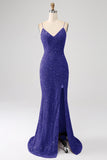 Glittrande Royal Blue Mermaid Spaghetti Straps Paljett Lång Balklänning Med Split