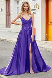 Royal Blue A Line Spaghetti Straps Lång Backless Balklänning med applikationer