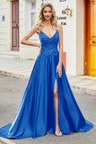 Royal Blue A Line Spaghetti Straps Lång Backless Balklänning med applikationer