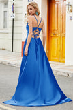 Royal Blue A Line Spaghetti Straps Lång Backless Balklänning med applikationer