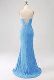 Glittrande Royal Blue Mermaid Spaghetti Straps Paljett Lång Balklänning Med Split