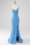 Glittrande Royal Blue Mermaid Spaghetti Straps Paljett Lång Balklänning Med Split