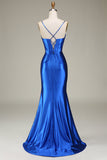 Royal Blue Spaghetti Straps Mermaid Lång Balklänning Med Slits