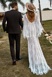 Elfenben Och Champagne Spets Boho Bröllopsklänning Med Cape