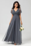 Symbol för romantik A-Line V Neck Eucalyptus Long Bridesmaid Klänning med pärlor