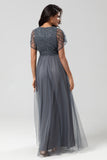 Symbol för romantik A-Line V Neck Eucalyptus Long Bridesmaid Klänning med pärlor