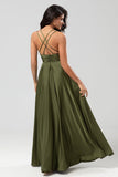 Grand Beauty A Line Spaghetti Straps Olive Long Bridesmaid Klänning med volanger