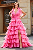 Princess A-linje V-ringad Fuchsia Tiered Balklänning med slits