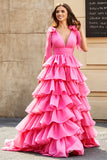 Princess A-linje V-ringad Fuchsia Tiered Balklänning med slits