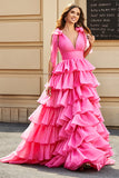 Princess A-linje V-ringad Fuchsia Tiered Balklänning med slits