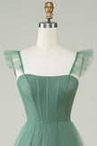 En linje Spaghetti Straps Lång Tyll Eukalyptus Brudtärna Klänning