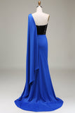 Royal Blue One Shoulder Satäng och Paljett Mermaid Plisserad Balklänning med slits