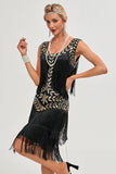 Svart Gatsby 1920-tals Flapper Klänning med Paljetter och Fransar