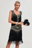 Svart Gatsby 1920-tals Flapper Klänning med Paljetter och Fransar