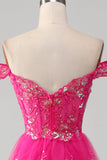Off The Shoulder Fuchsia Balklänning med paljetter