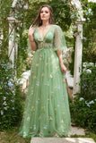 A-Line V-Neck Broderi Lavendel Long Prom Klänning med korta ärmar