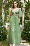 A-Line V-Neck Broderi Lavendel Long Prom Klänning med korta ärmar