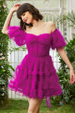 Snygg A-linje Av Axeln Fuchsia Corset Homecoming Klänning