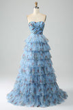 Off the Shoulder Blommig Tryckt Tiered Prom Klänning med Plisserad