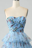 Off the Shoulder Blommig Tryckt Tiered Prom Klänning med Plisserad