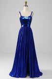 Glittrande Snörning Tillbaka Royal Blue Balklänning med slits