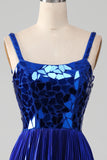 Glittrande Snörning Tillbaka Royal Blue Balklänning med slits