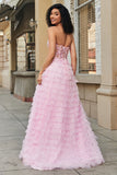 Rosa A-linje Axelbandslös Tiered Lång Korsett Balklänning med Spets