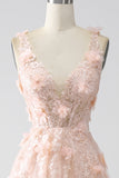Blush A-linje Spaghetti Straps Lång Balklänning med Applikationer